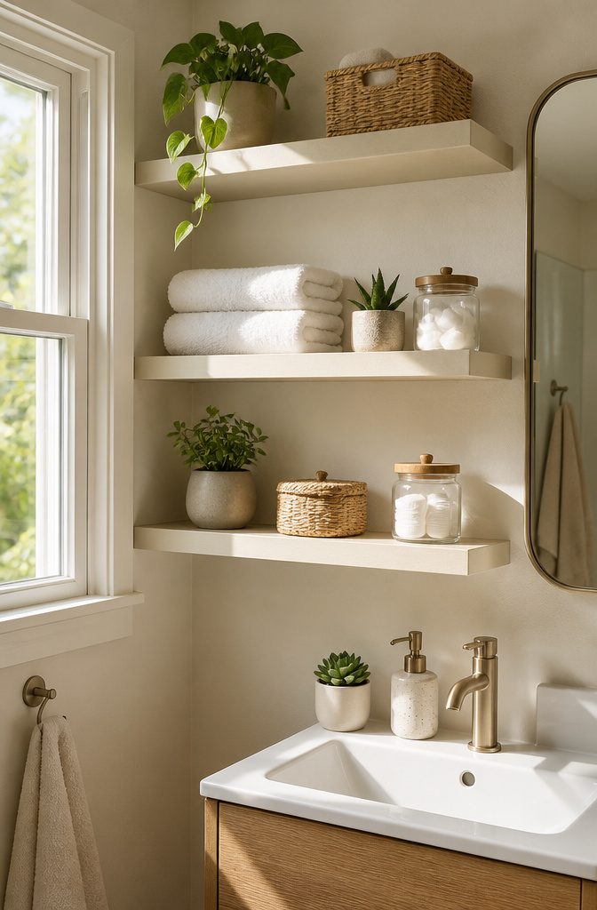 Three floating pine shelves holding towels and decorative jars.
