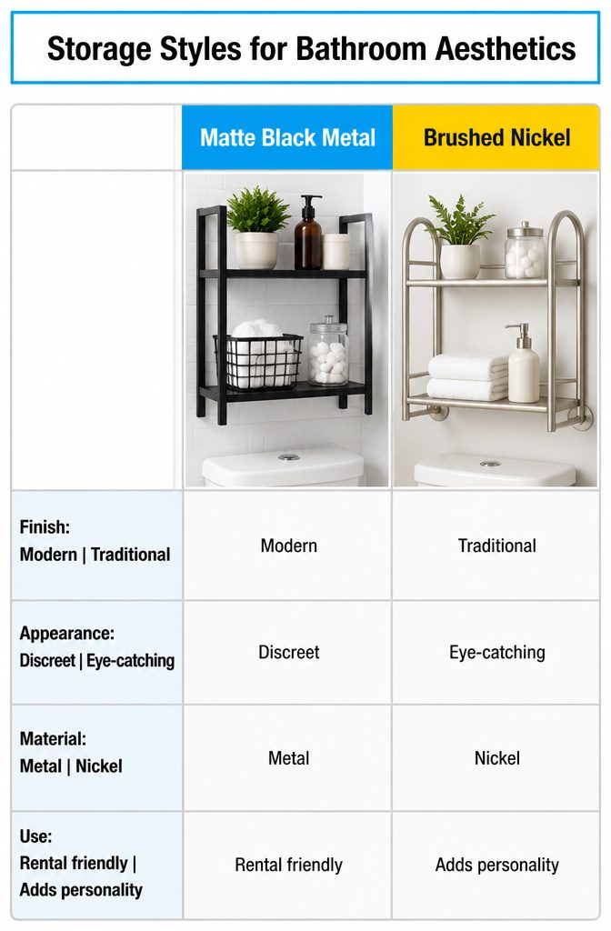 Various storage styles and finishes displayed in a bathroom setting.