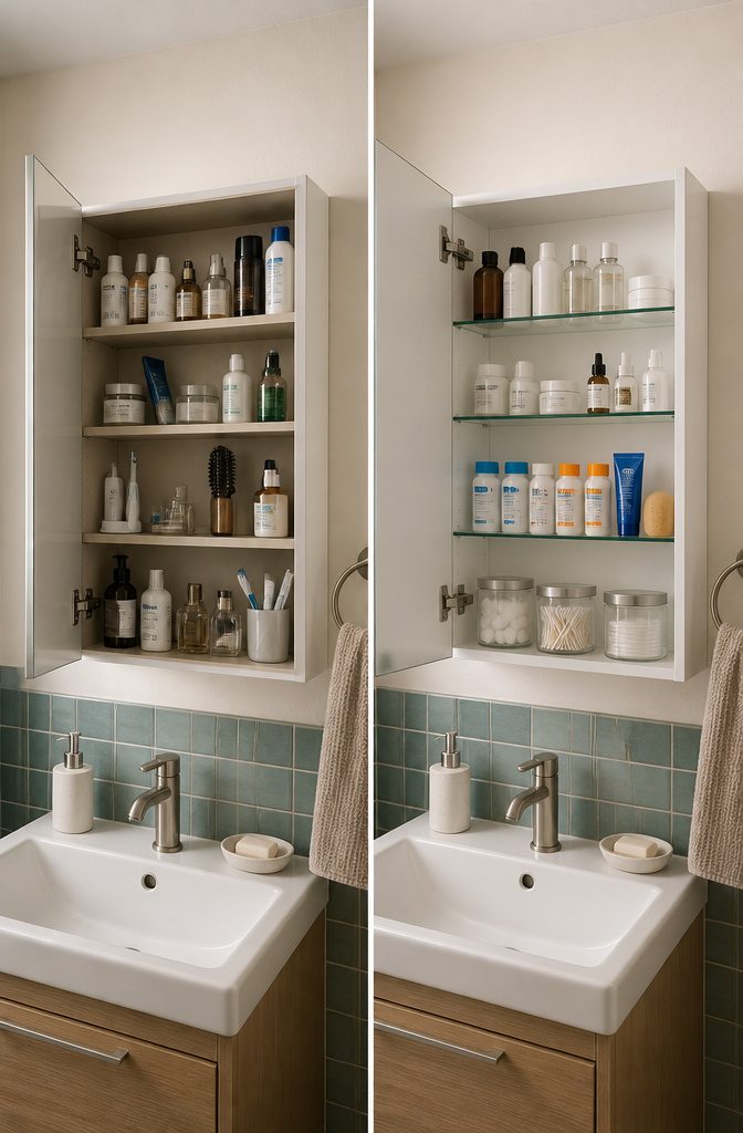 Deep-profile medicine cabinet filled with health and beauty products.