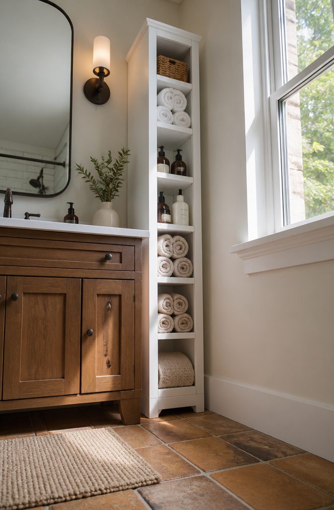 Tall, narrow storage tower with multiple shelves in a bathroom.