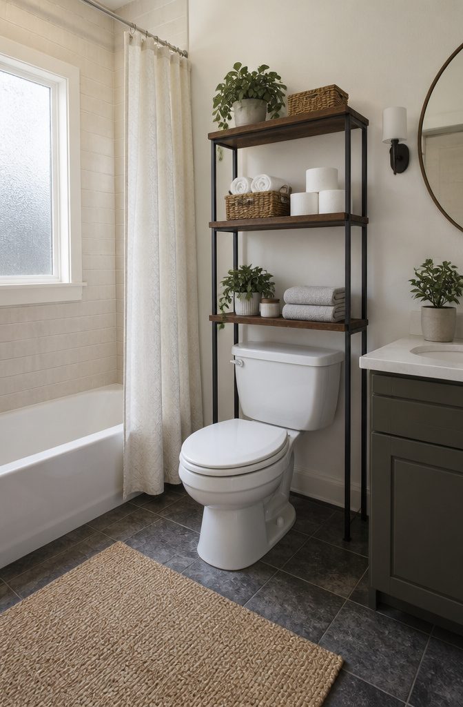 Metal-and-wood rack with three shelves above a toilet.