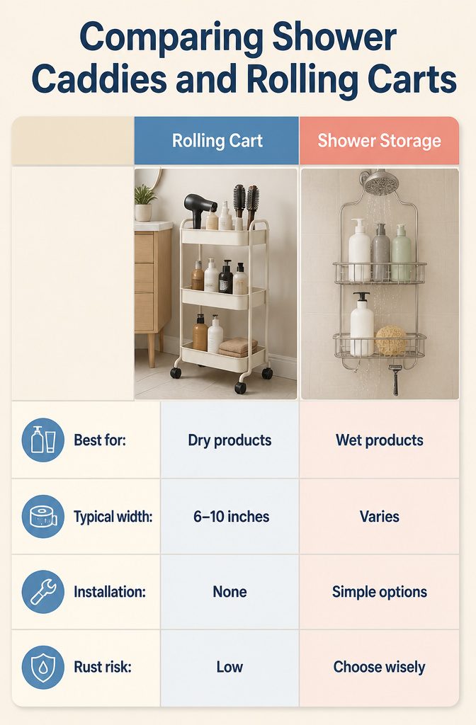 Comparison chart of rolling carts and shower storage options.