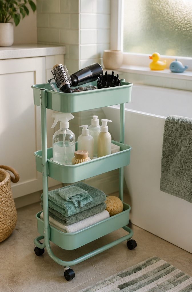 Three-tier metal rolling cart filled with bathroom supplies.
