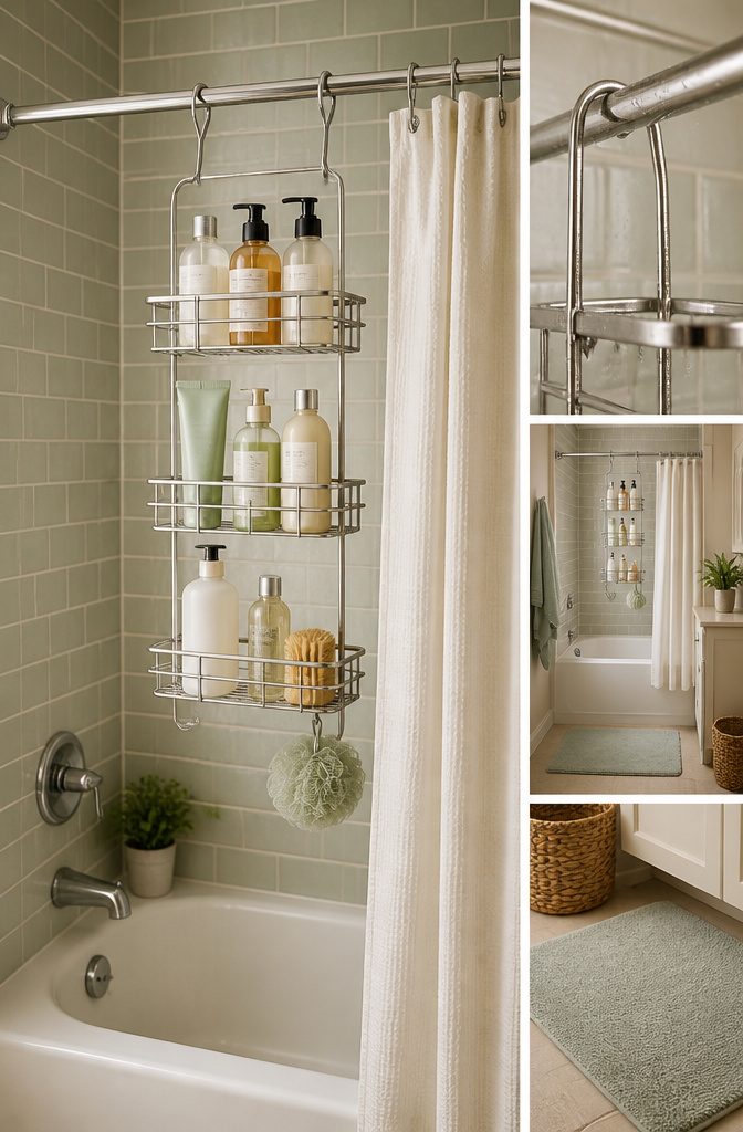 Hanging shower caddy with bottles organized inside.