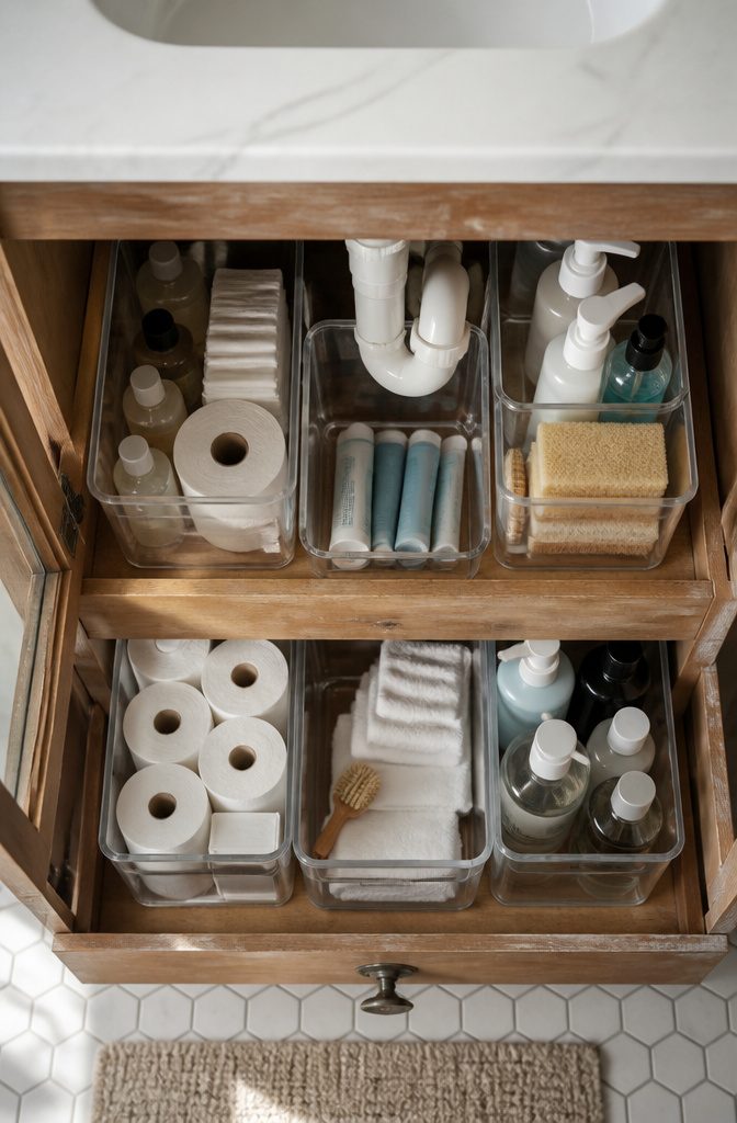 Organizers and bins arranged under a bathroom sink.