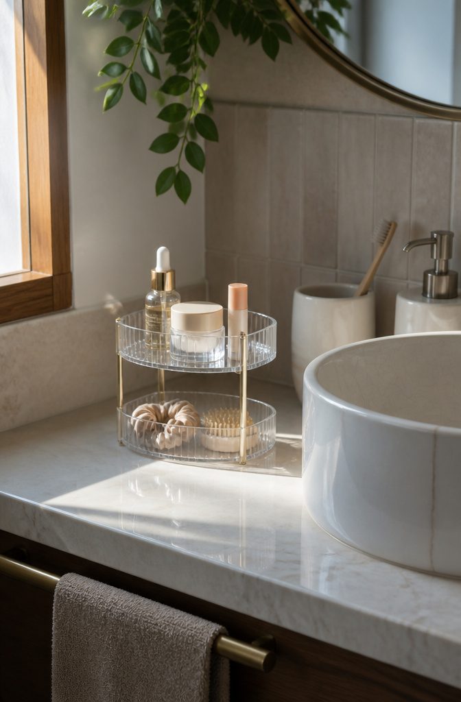 Acrylic tray with skincare products beside a bathroom sink.