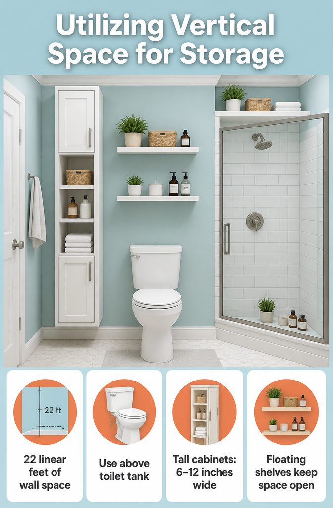 Diagram showing wall space utilization in a compact bathroom.