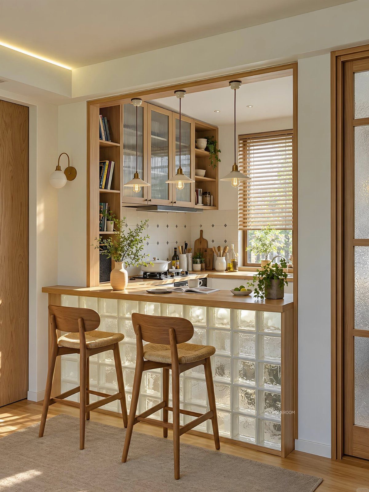 Tiny House Layout Ideas: 27 Smart Ways to Maximize Space 11 Wooden bar stools at a glass block breakfast bar in a modern kitchen.