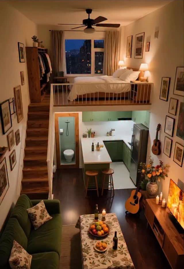 Tiny House Layout Ideas: 27 Smart Ways to Maximize Space 3 Lofted bedroom with white bedding positioned above a compact kitchen and living area.