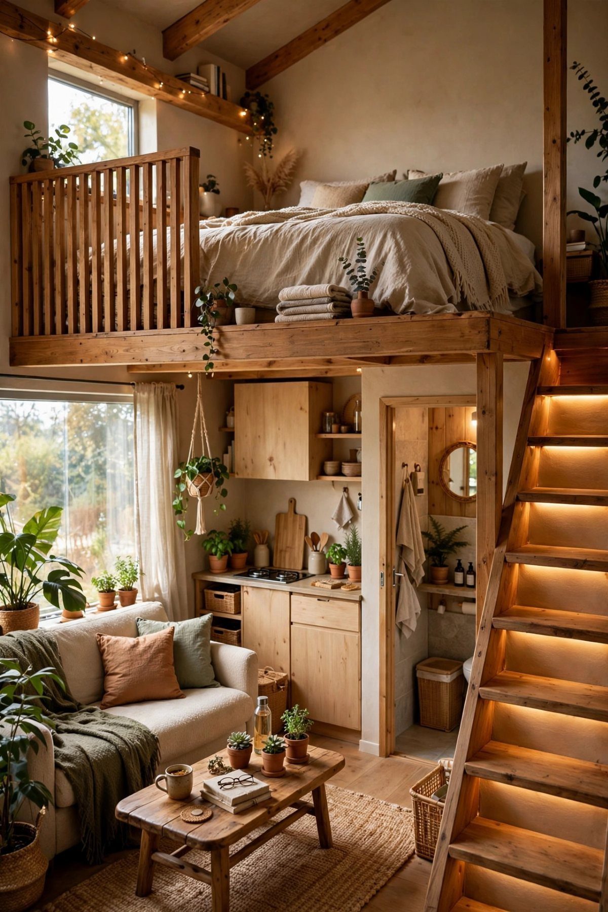 Tiny House Layout Ideas: 27 Smart Ways to Maximize Space 25 Wooden loft bedroom overlooking a cozy living room and kitchen in a tiny house.