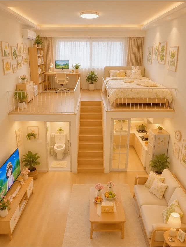 Tiny House Layout Ideas: 27 Smart Ways to Maximize Space 17 Tiny home interior with an open loft bedroom and workspace above a living area.