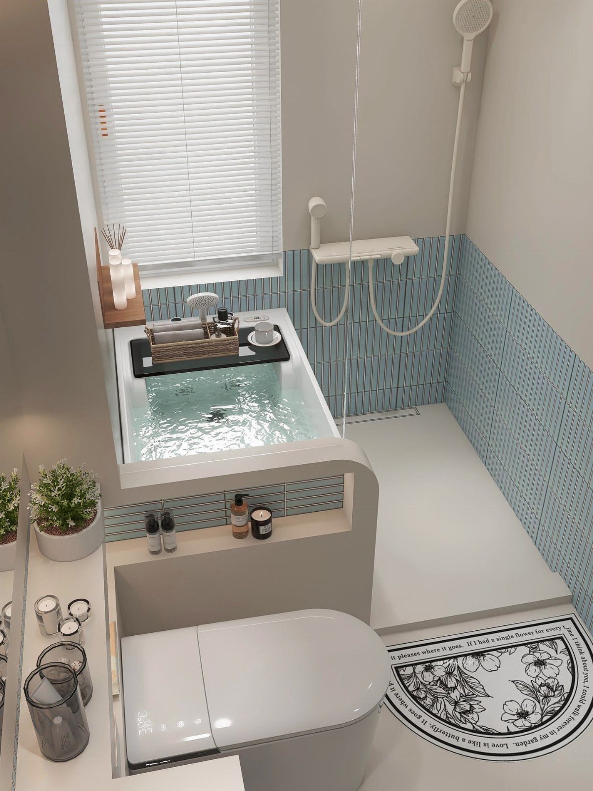 Tiny House Layout Ideas: 27 Smart Ways to Maximize Space 9 Small bathroom with a white toilet, square bathtub, and a separate walk-in shower area.