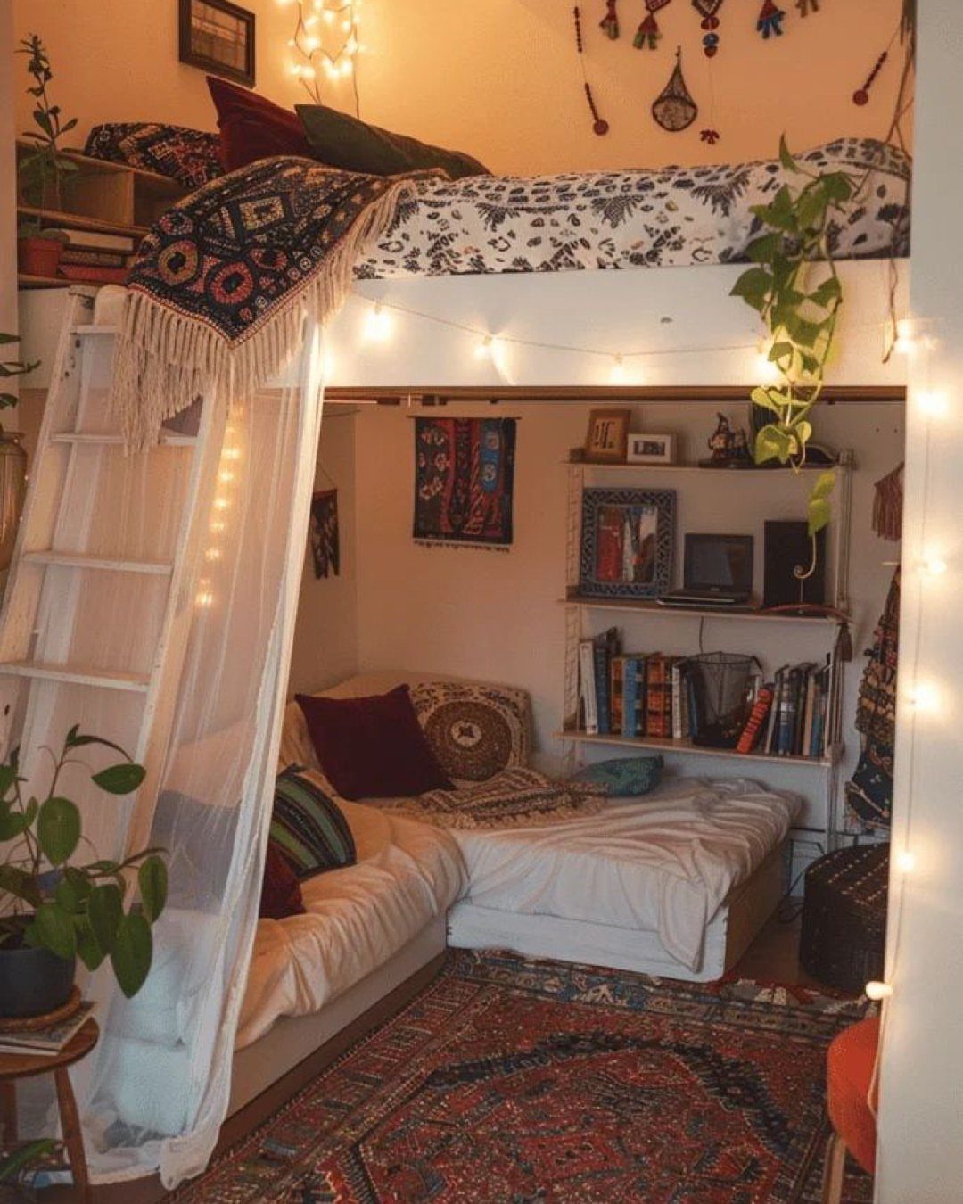 Tiny House Layout Ideas: 27 Smart Ways to Maximize Space 18 Sleeping loft with bed above a cozy living area with white sofa and rug