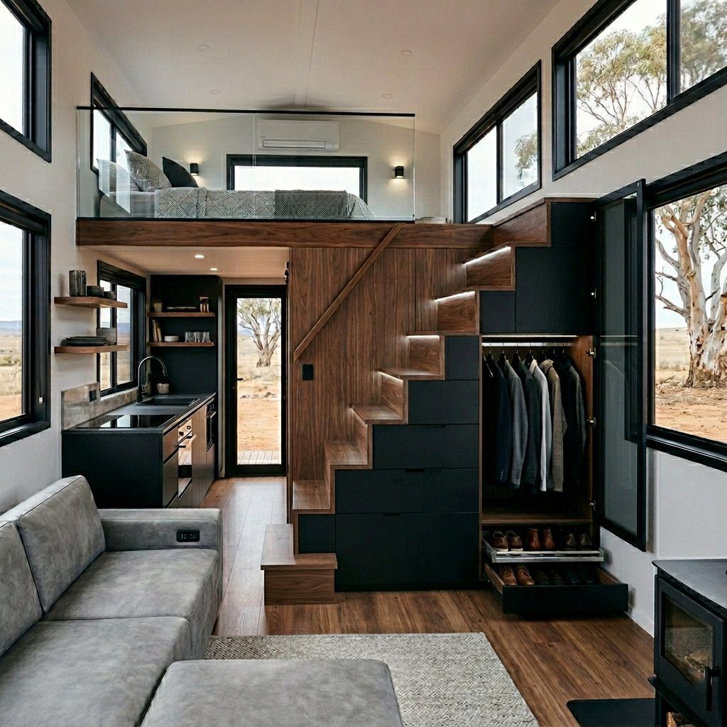 Tiny House Layout Ideas: 27 Smart Ways to Maximize Space 7 Wooden staircase with built-in black storage drawers and a clothing closet in a tiny house.