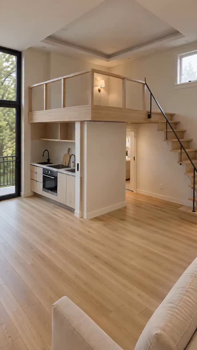 Tiny House Layout Ideas: 27 Smart Ways to Maximize Space 26 Tiny house interior with a wooden loft above a compact white kitchen and stairs.