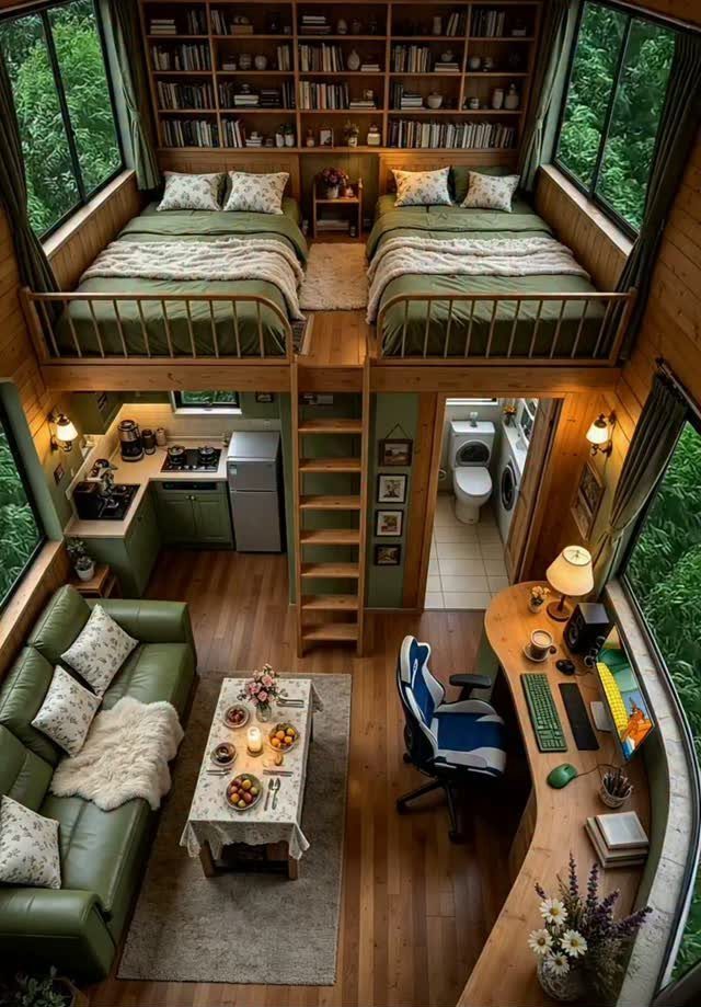 Tiny House Layout Ideas: 27 Smart Ways to Maximize Space 24 Tiny house interior with a living area below and a double loft bedroom above.
