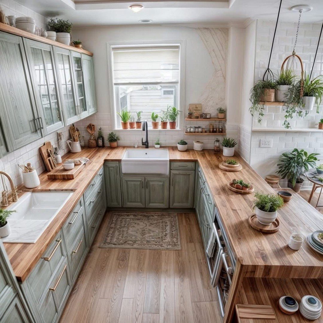 Tiny House Layout Ideas: 27 Smart Ways to Maximize Space 8 U-shaped kitchen with sage green cabinets, wooden countertops, and a white farmhouse sink.
