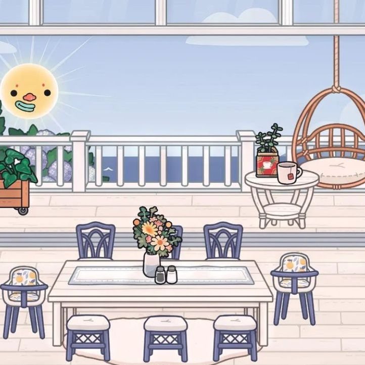 Toca Boca House Ideas: Coastal Villa Living Room with 8 Picks 8 Balcony seating area with a white dining set and a rattan hanging chair.
