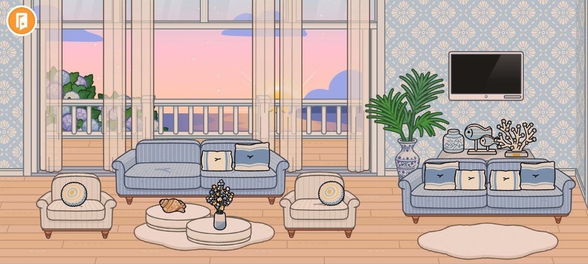Toca Boca House Ideas: Coastal Villa Living Room with 8 Picks 2 Coastal living room with blue striped sofas, beige armchairs, and a potted palm plant.