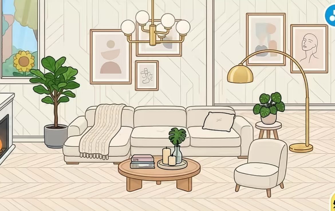 Toca Boca House Ideas: Coastal Villa Living Room with 8 Picks 4 Round light wood coffee table in a beige cartoon living room setting.