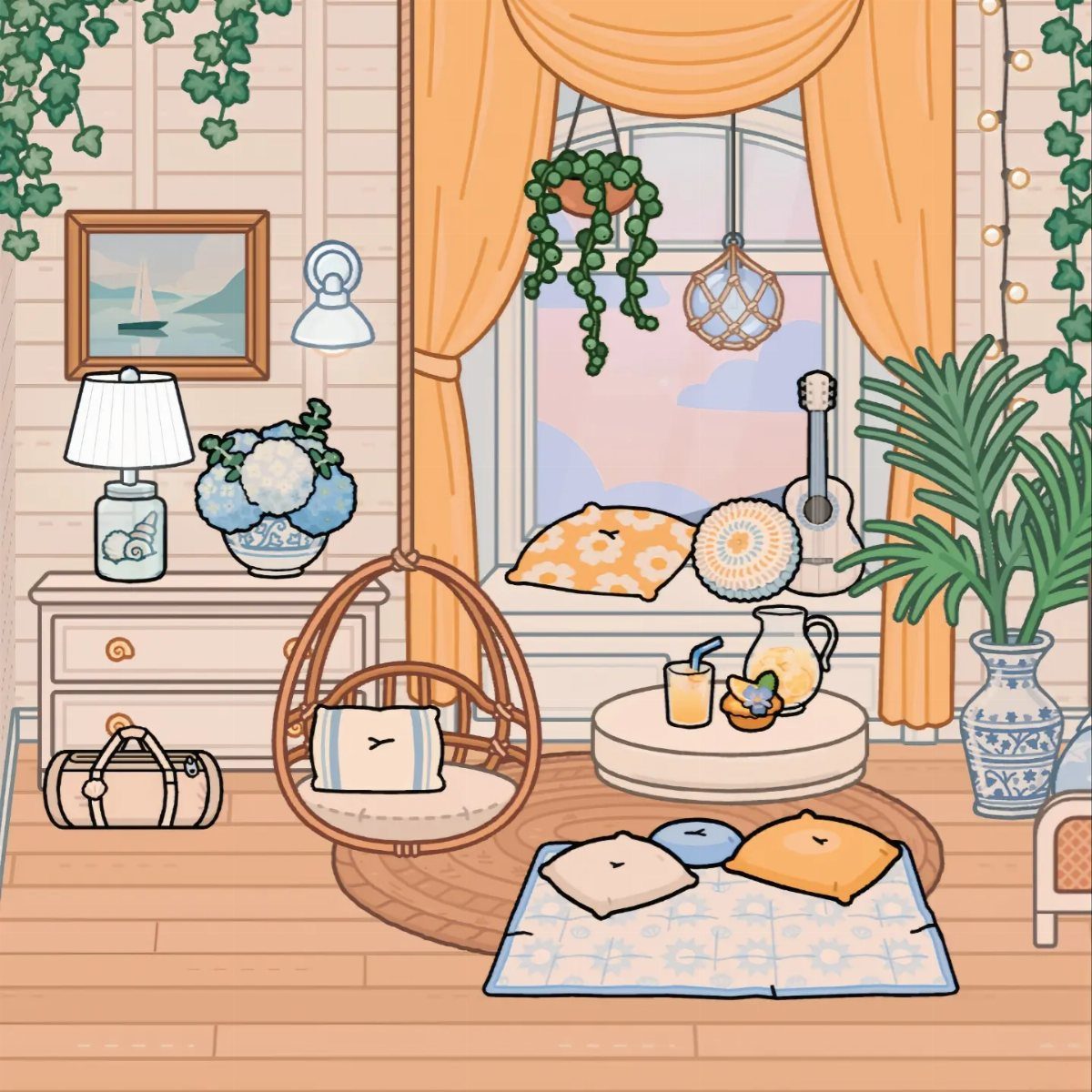 Toca Boca House Ideas: Coastal Villa Living Room with 8 Picks 5 Coastal living room with a rattan hanging chair and white circular coffee table.