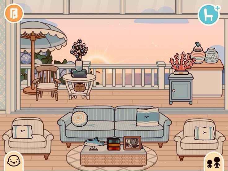 Toca Boca House Ideas: Coastal Villa Living Room with 8 Picks 3 Two white armchairs and a blue striped sofa in a coastal living room.