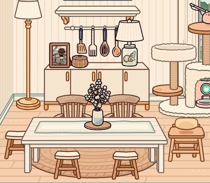 Toca Boca House Ideas: Coastal Villa Living Room with 8 Picks 6 White dining table and stools in a Toca Boca coastal villa room setup