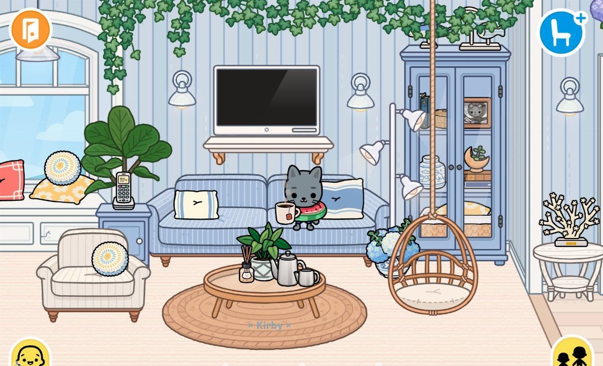 Toca Boca House Ideas: Coastal Villa Living Room with 8 Picks 7 Coastal living room with a white armchair featuring a yellow flower pillow.