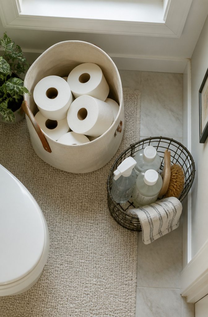Canvas basket for toilet paper storage in a small bathroom.