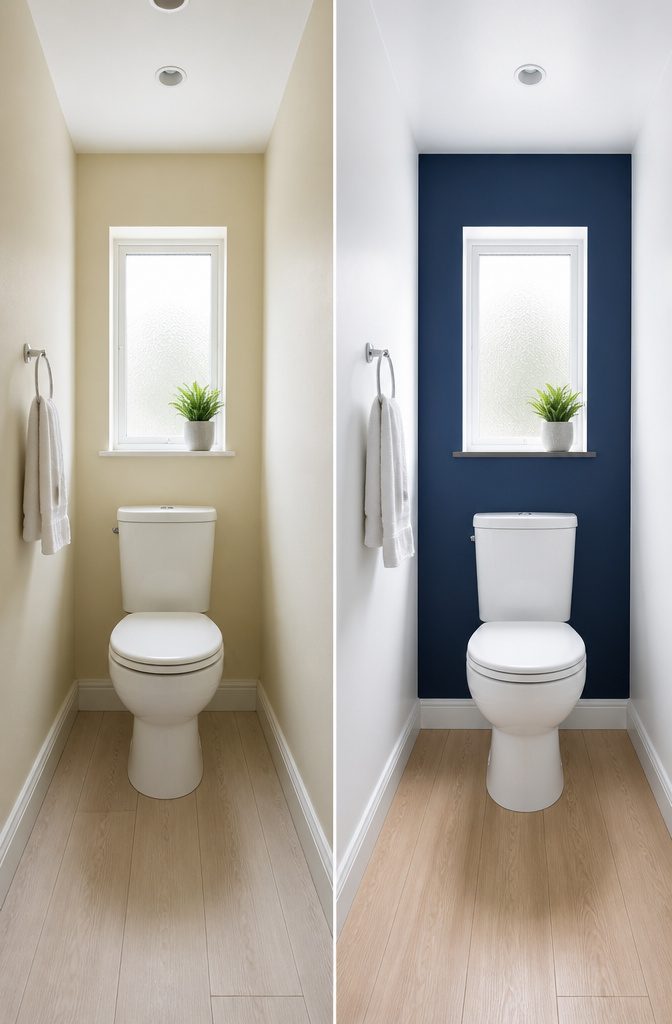 Painted walls showcasing color choices in a small toilet room.