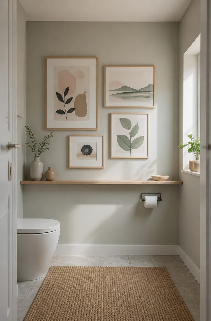 Gallery wall featuring printable art in a small toilet room.
