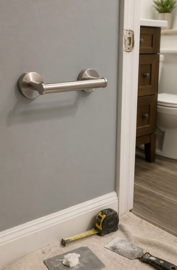 Brushed nickel toilet paper holder installed in a small bathroom.