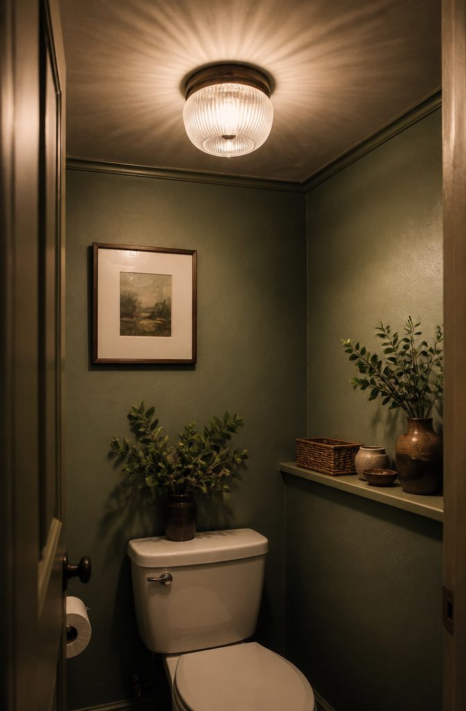 Flush-mount ceiling light in a small toilet room.