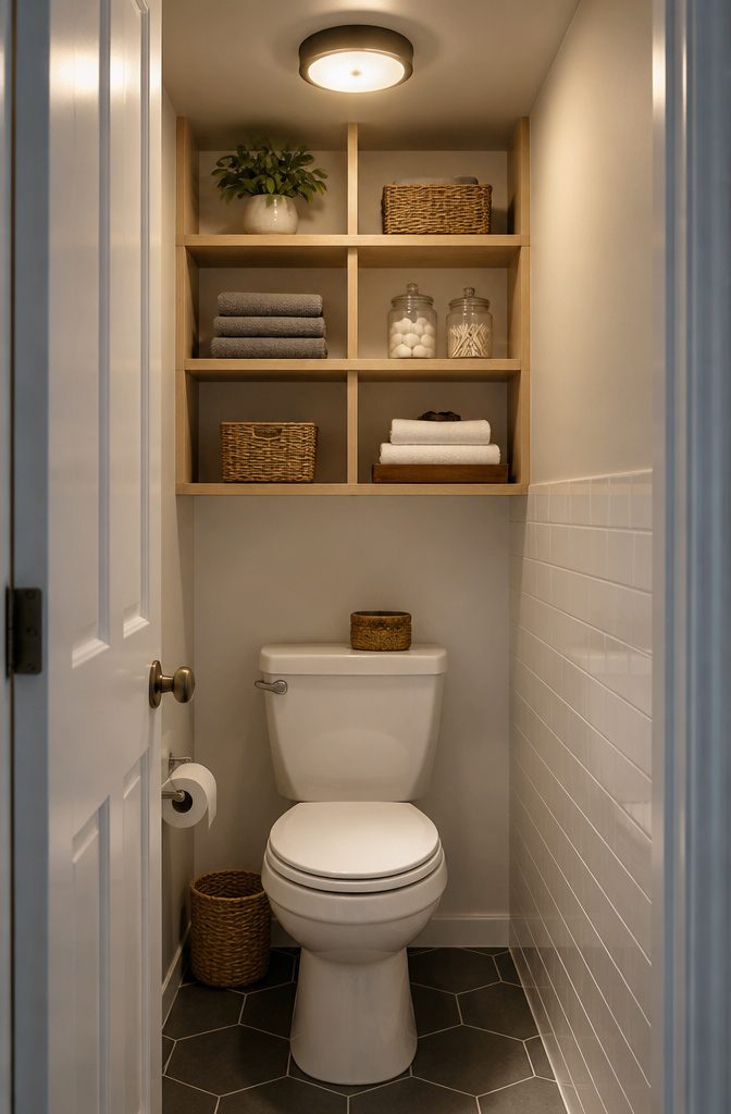 Light wood shelving unit above a toilet for storage.