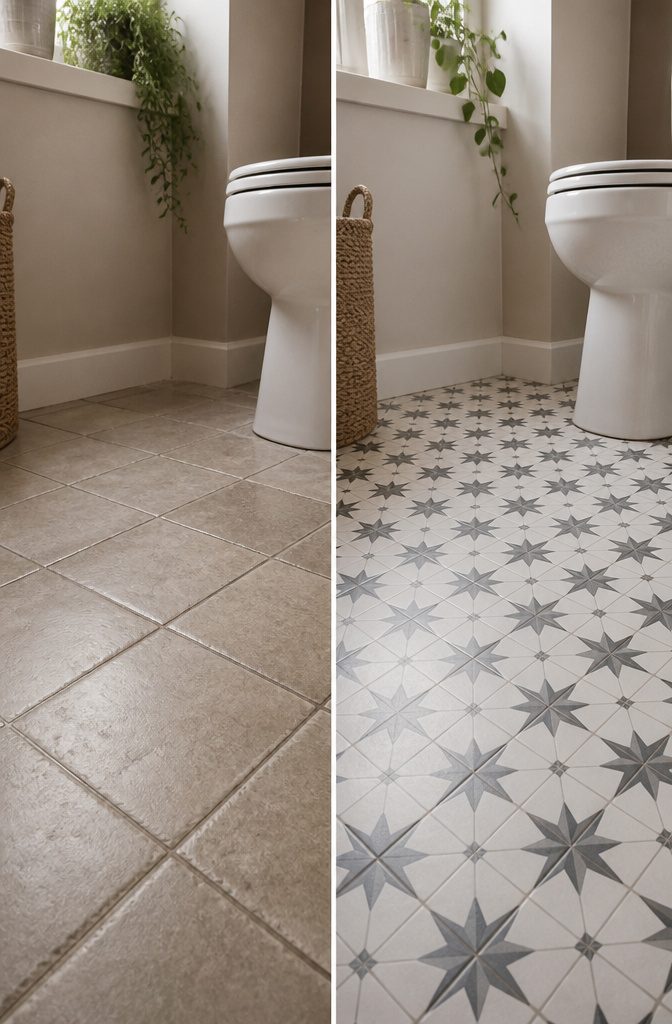 Peel-and-stick floor tiles in a small toilet room.