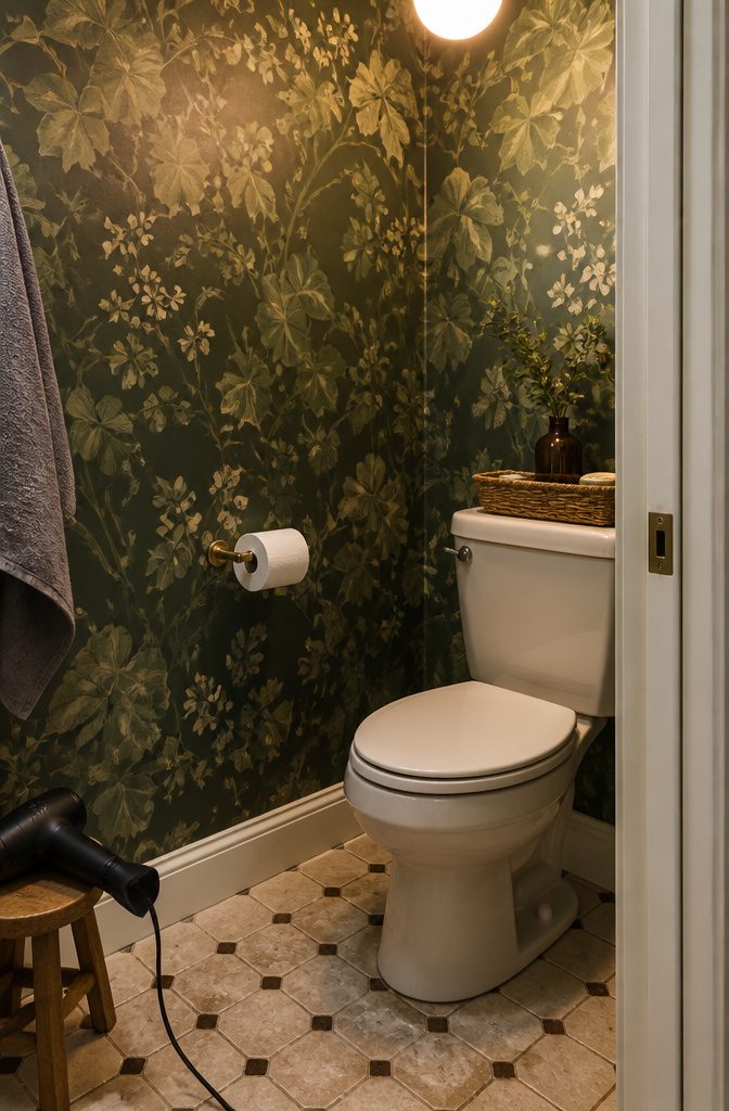 Peel-and-stick wallpaper with a botanical pattern in a small toilet room.