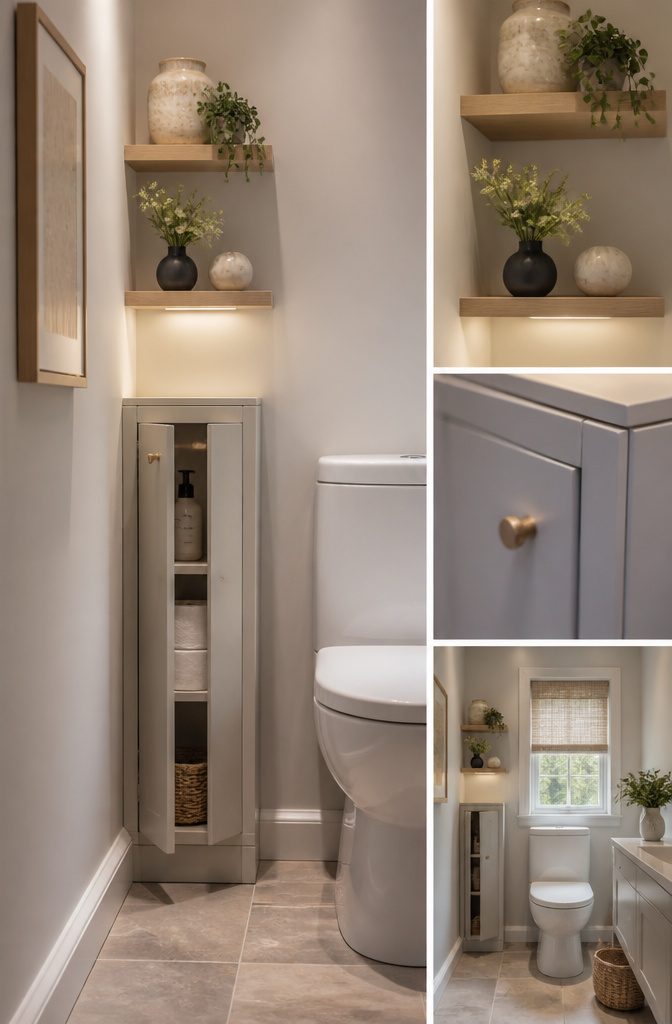 Small cabinets and floating shelves in a compact toilet room.