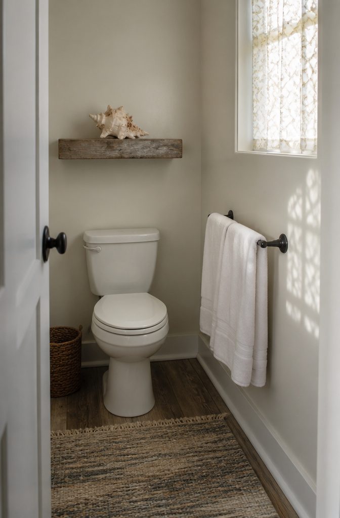 Ceramic shell decor piece on a wooden shelf in a small bathroom.