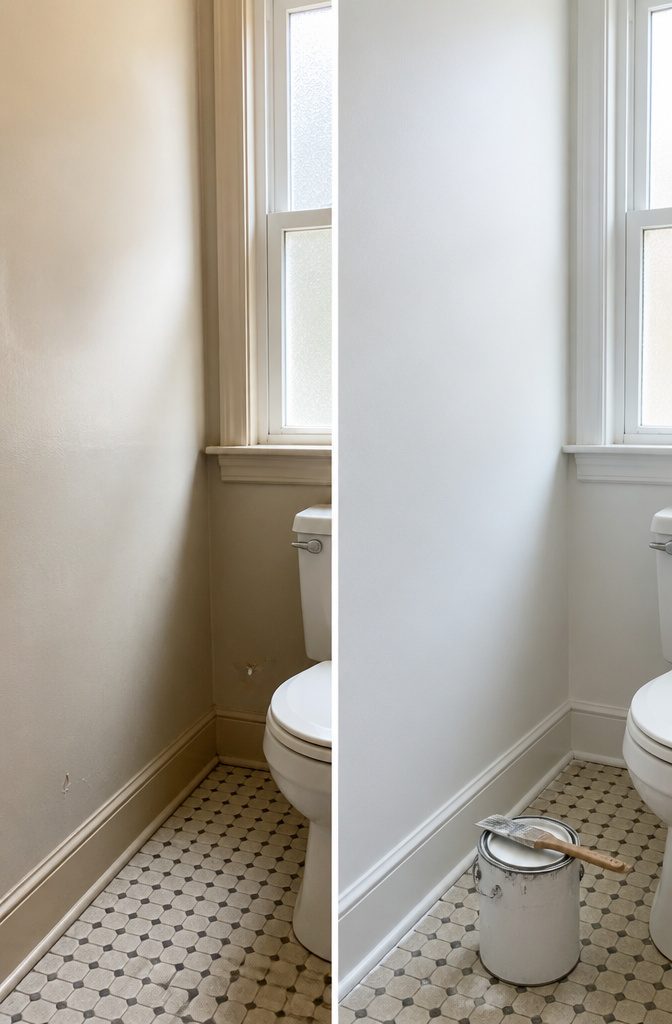 Light-colored walls in a small toilet room.