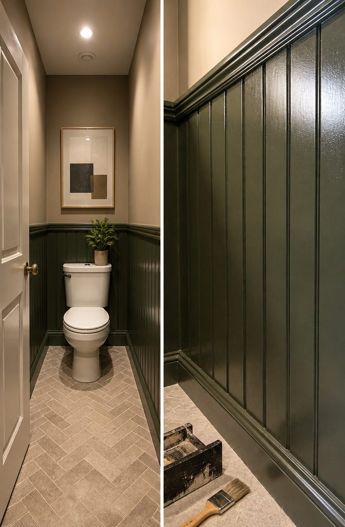 Wainscoting and wall molding in a compact toilet room.