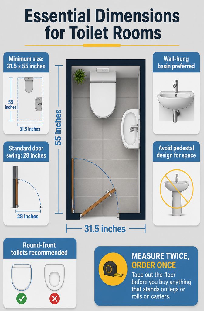 Diagram showing essential dimensions for toilet rooms.
