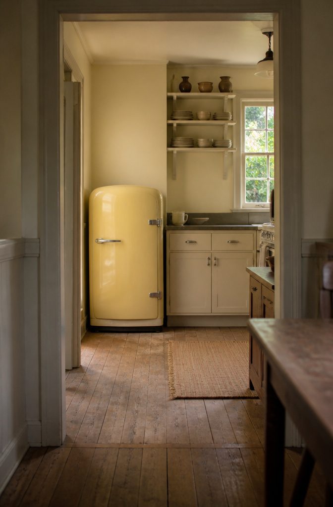 Restored vintage refrigerator with rounded corners and original stamped hardware
