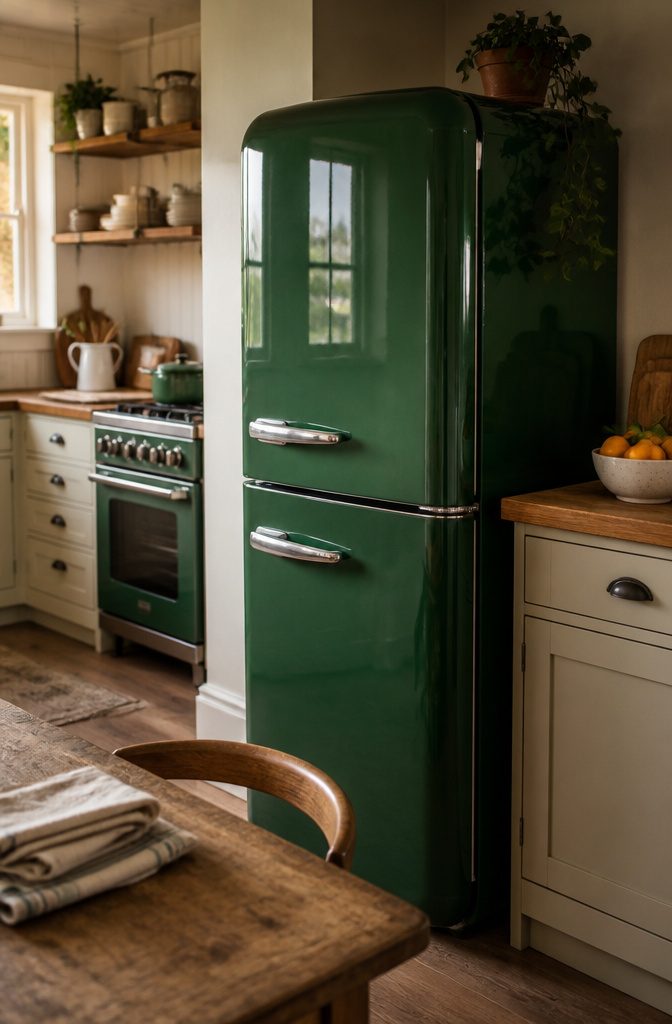 Retro-style refrigerator with rounded edges and a colorful finish