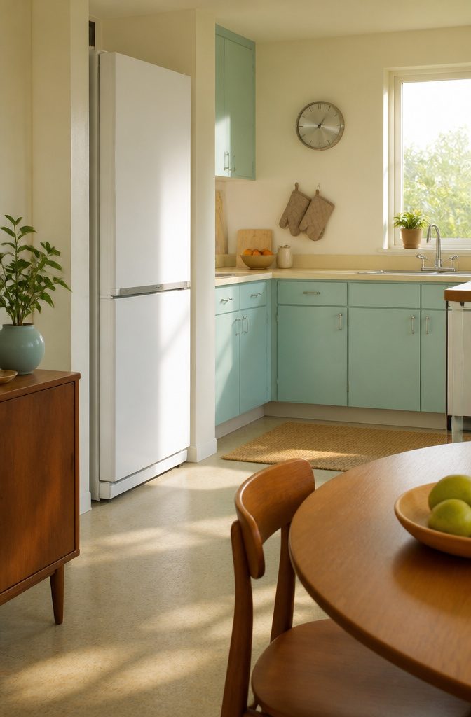 White counter-depth refrigerator beside aqua cabinets and a rounded wooden chair