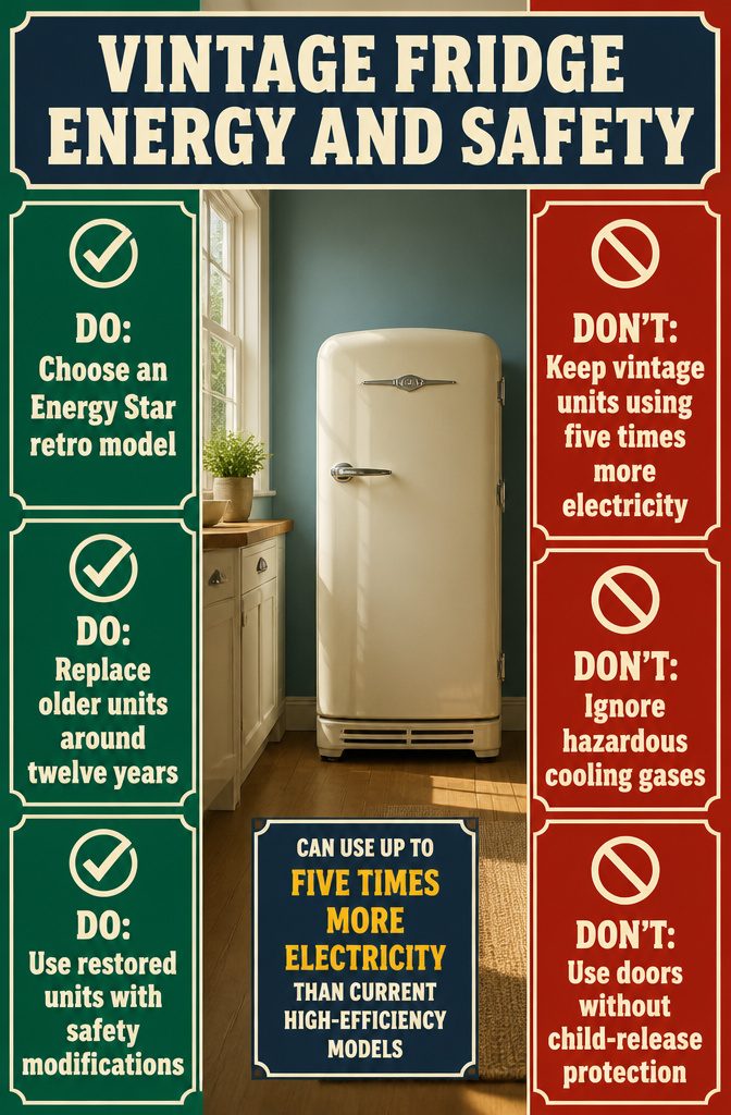Vintage refrigerator beside a modern retro-style refrigerator in a kitchen