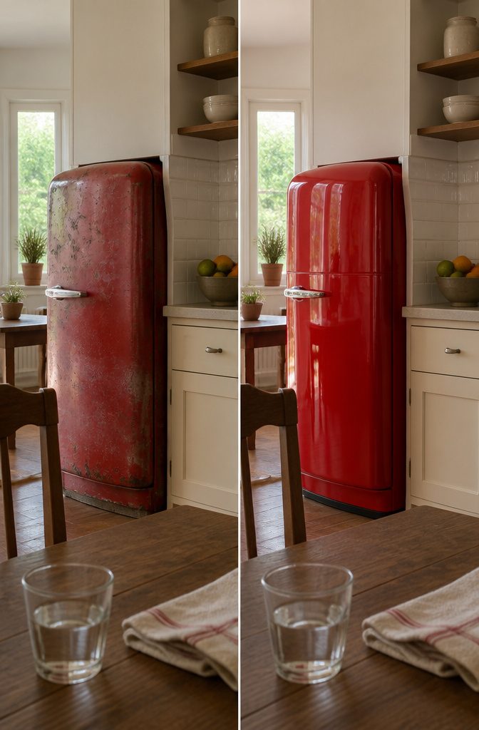 Refrigerator with a smooth new finish inside a professional paint shop