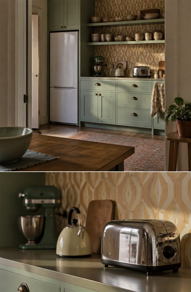 Modern refrigerator in a kitchen with colorful cabinets and retro-style small appliances