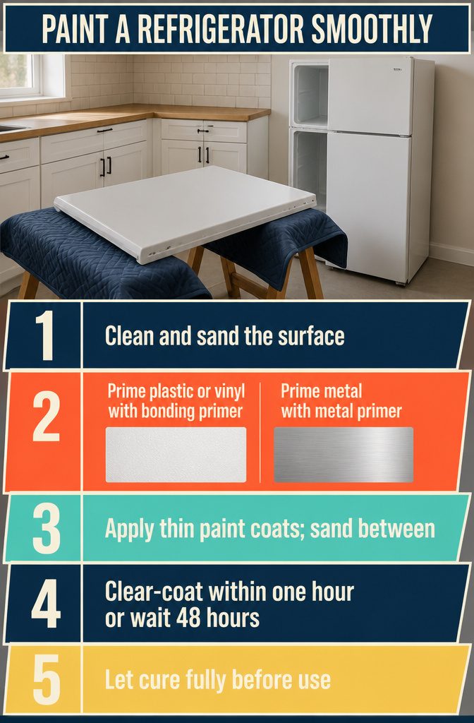 Painted refrigerator with a smooth finish beside paint and preparation supplies