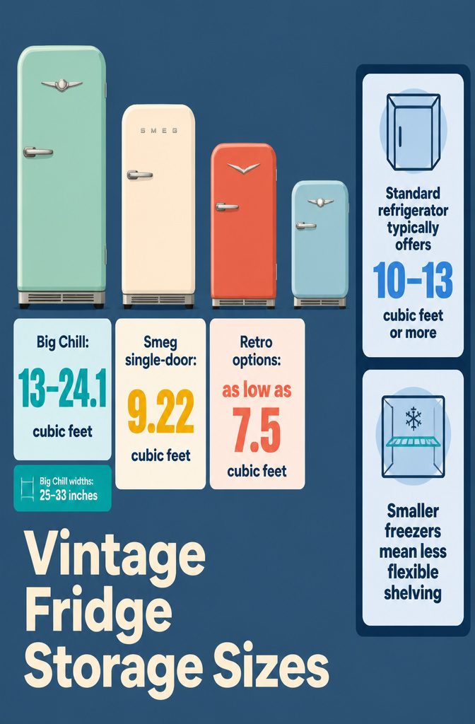 Vintage-style refrigerator beside a diagram comparing interior storage sizes
