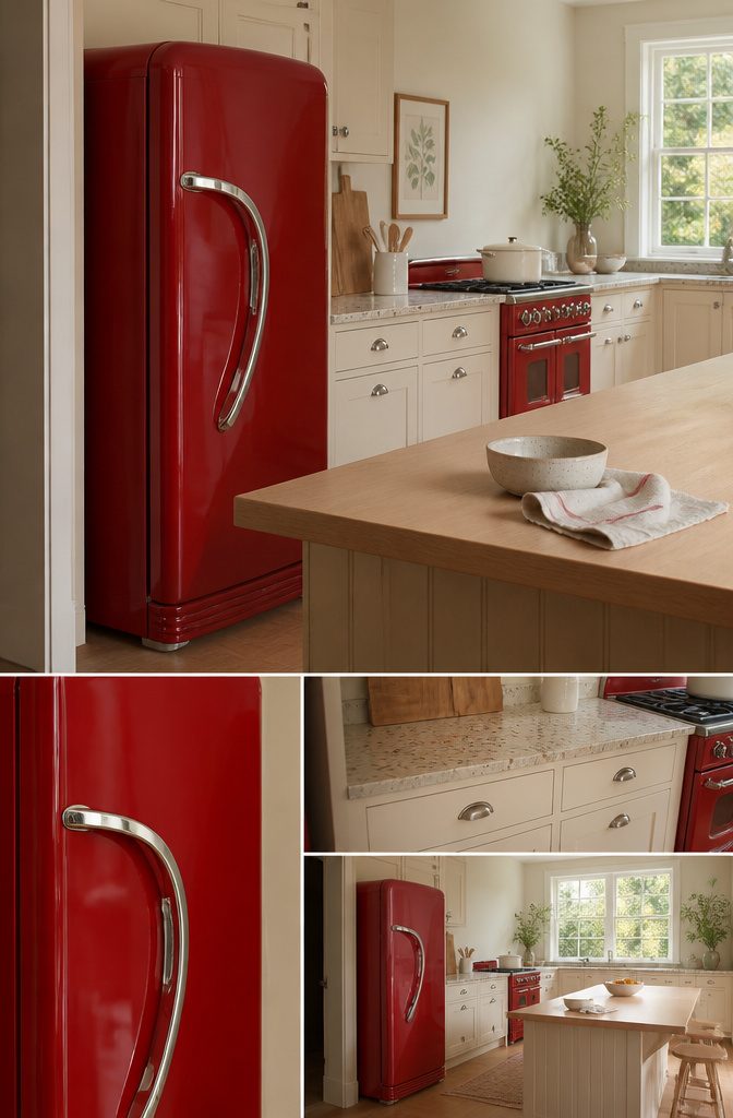 Colorful retro refrigerator with curved corners and sculptural chrome handles